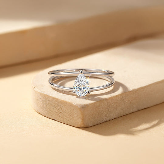 Pear Cut Double Band Solitaire Ring | Moissanite | 925 Sterling Silver | Prm5036