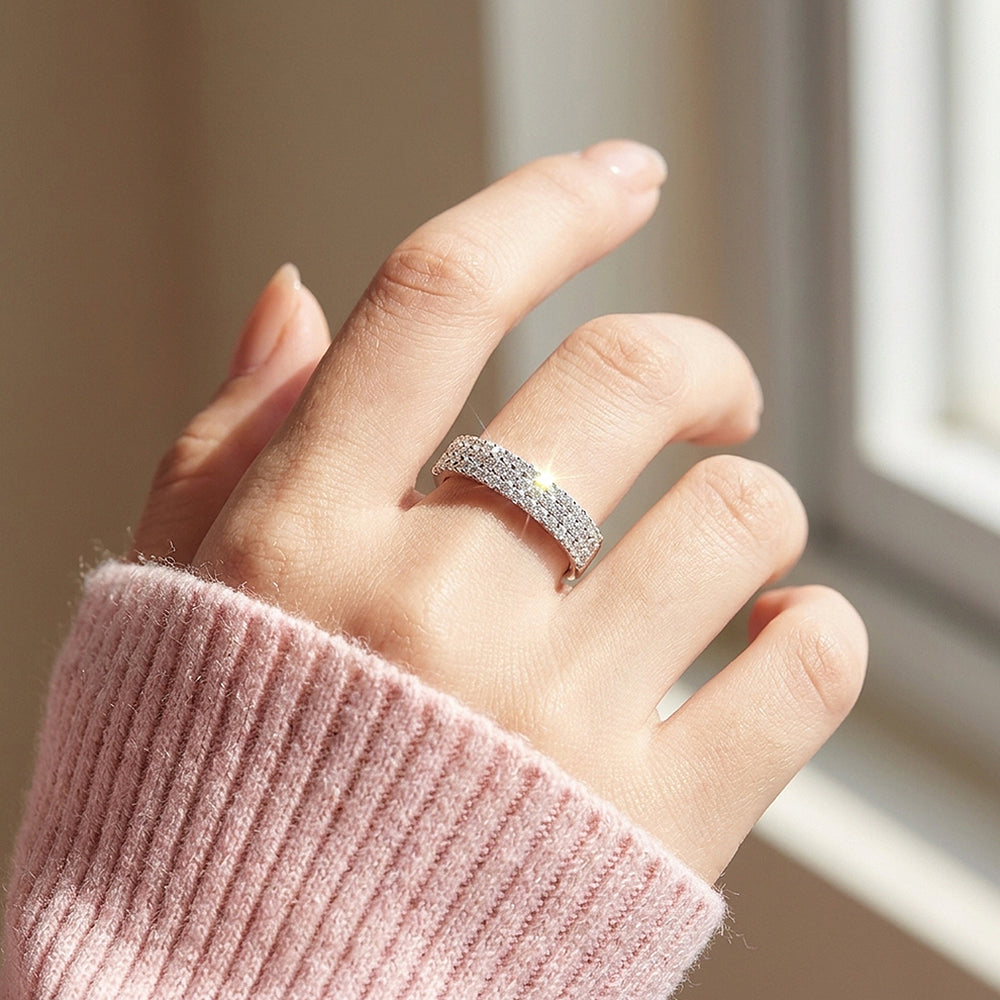 Three-Row Pavé Eternity Moissanite Silver Women Ring | Prm5040