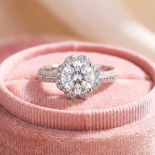 Round Brilliant Floral Halo Moissanite Ring | 925 Sterling Silver | PRM7101