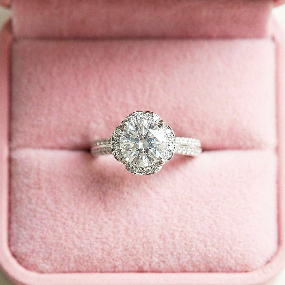 Round Brilliant Floral Halo Moissanite Ring | 925 Sterling Silver | PRM7101