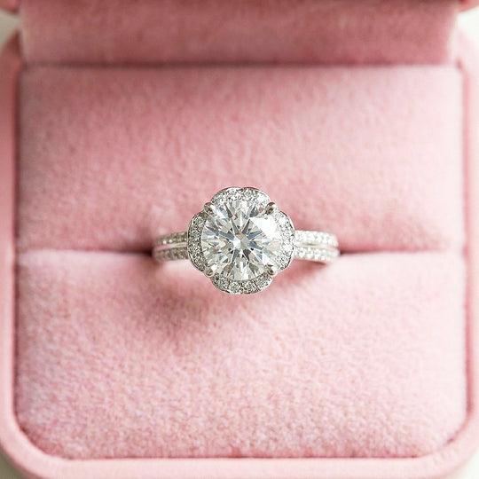 Round Brilliant Floral Halo Moissanite Ring | 925 Sterling Silver | PRM7101