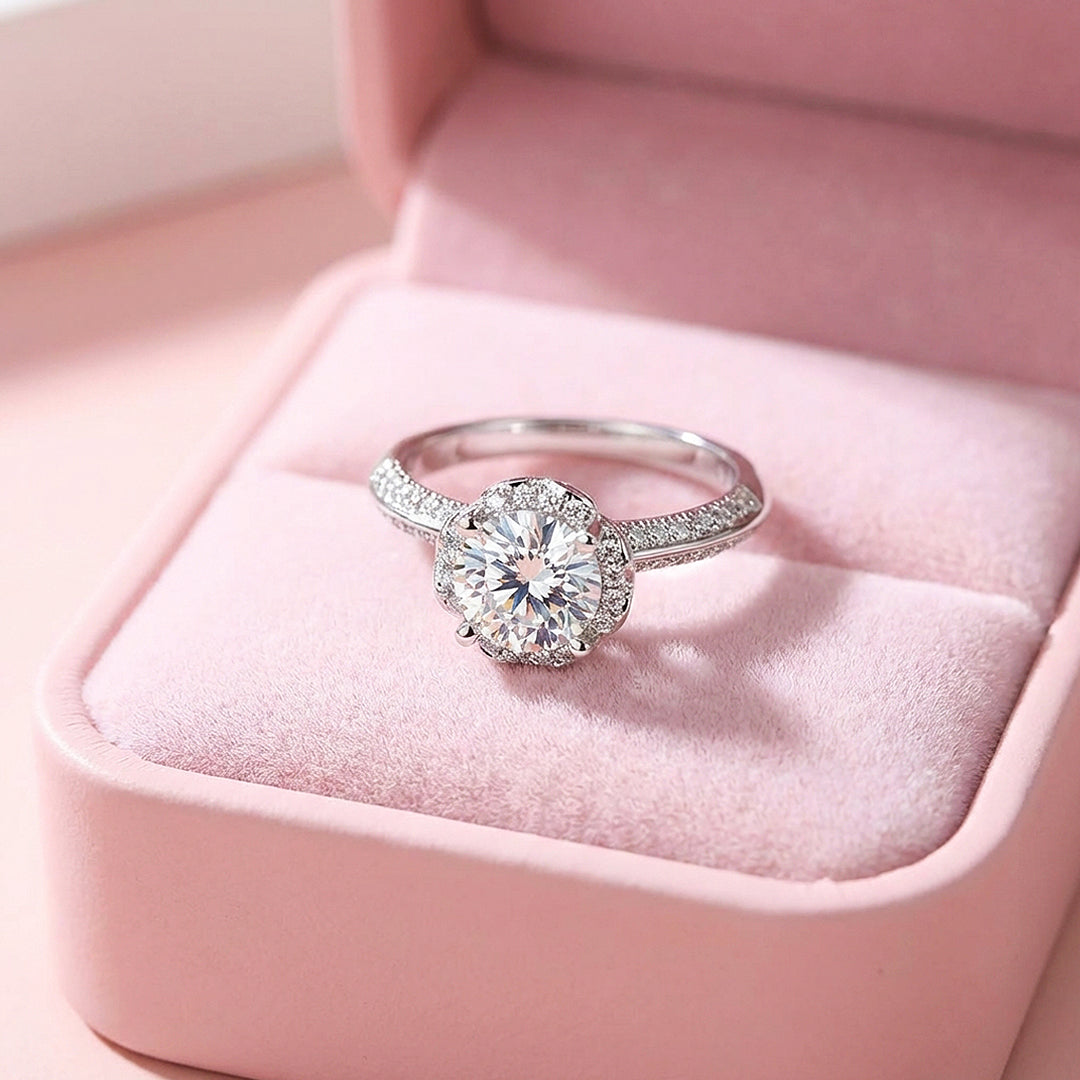 Round Brilliant Floral Halo Moissanite Ring | 925 Sterling Silver | PRM7101