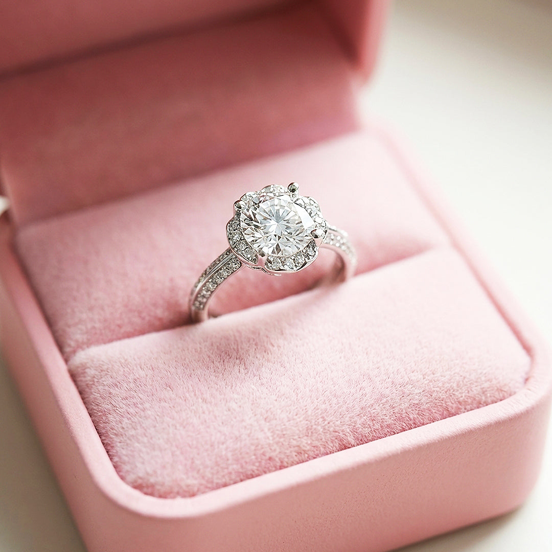 Round Brilliant Floral Halo Moissanite Ring | 925 Sterling Silver | PRM7101