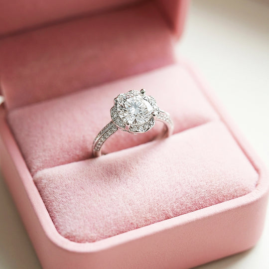 Round Brilliant Floral Halo Moissanite Ring | 925 Sterling Silver | PRM7101