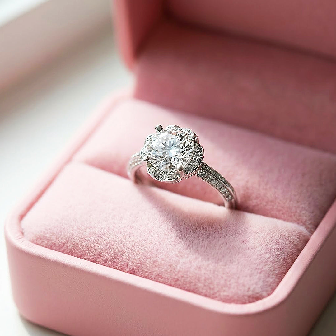Round Brilliant Floral Halo Moissanite Ring | 925 Sterling Silver | PRM7101