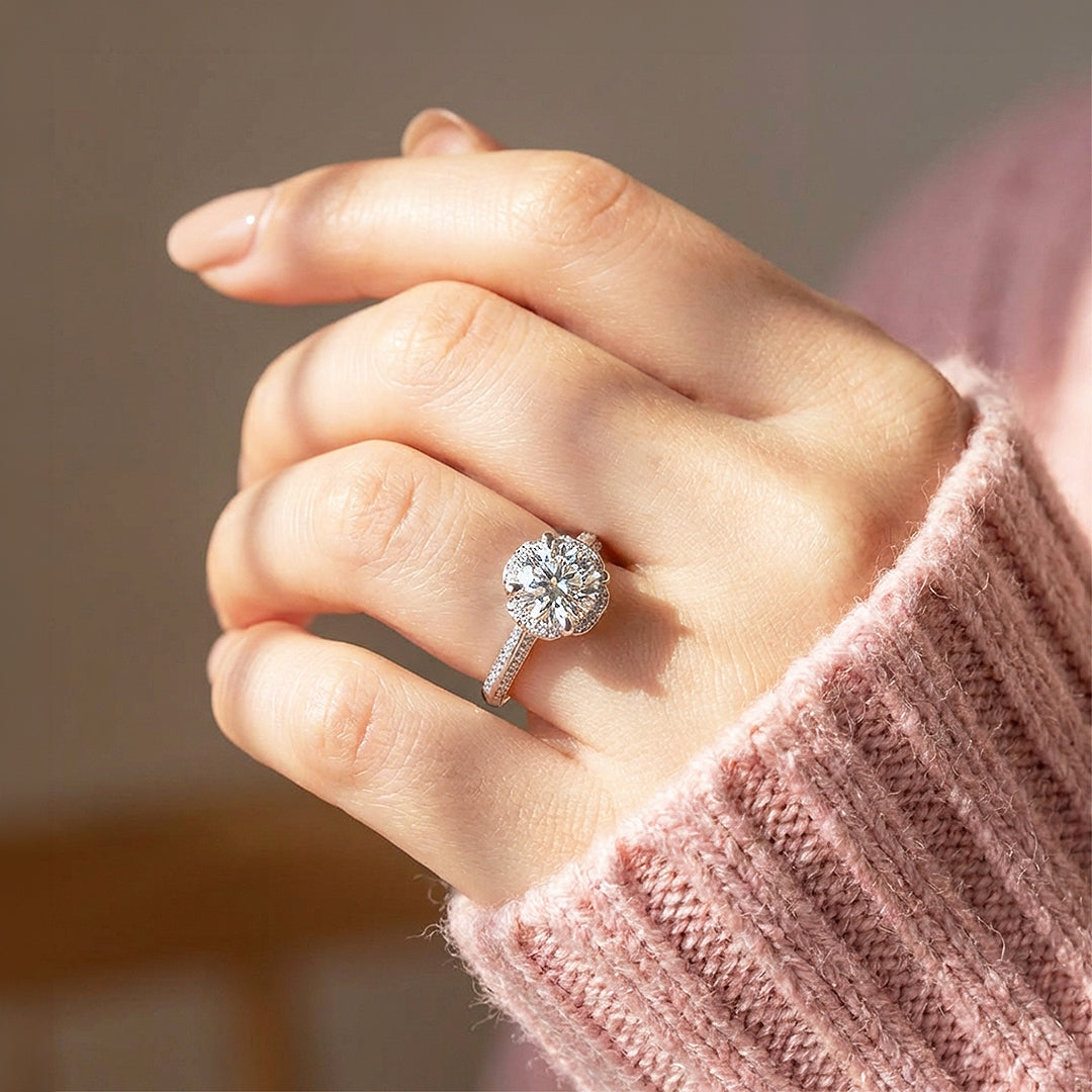 Round Brilliant Floral Halo Moissanite Ring | 925 Sterling Silver | PRM7101