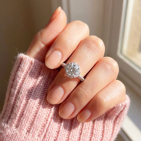 Round Brilliant Floral Halo Moissanite Ring | 925 Sterling Silver | PRM7101
