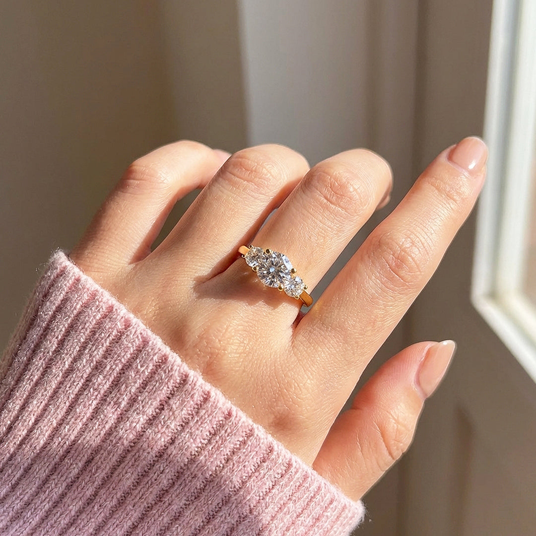 Three Stone Moissanite Gold Ring | 925 Sterling Silver | PRM7109
