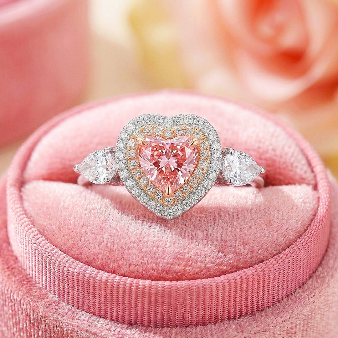 Pink Heart Moissanite Double Halo Ring | 925 Sterling Silver | PRM7116