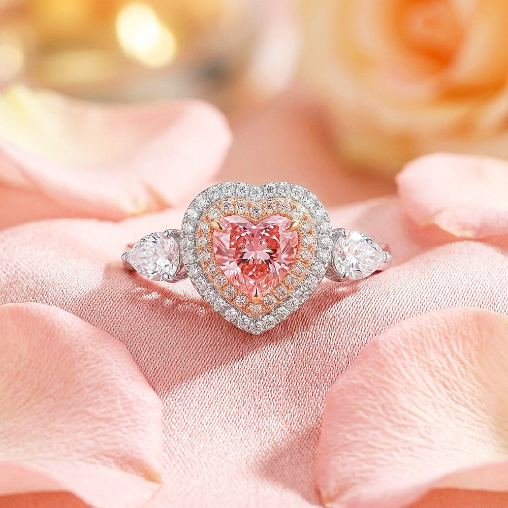 Pink Heart Moissanite Double Halo Ring | 925 Sterling Silver | PRM7116