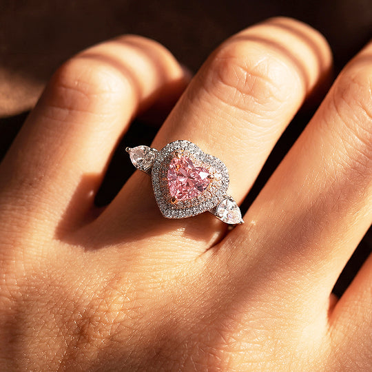 Pink Heart Moissanite Double Halo Ring | 925 Sterling Silver | PRM7116