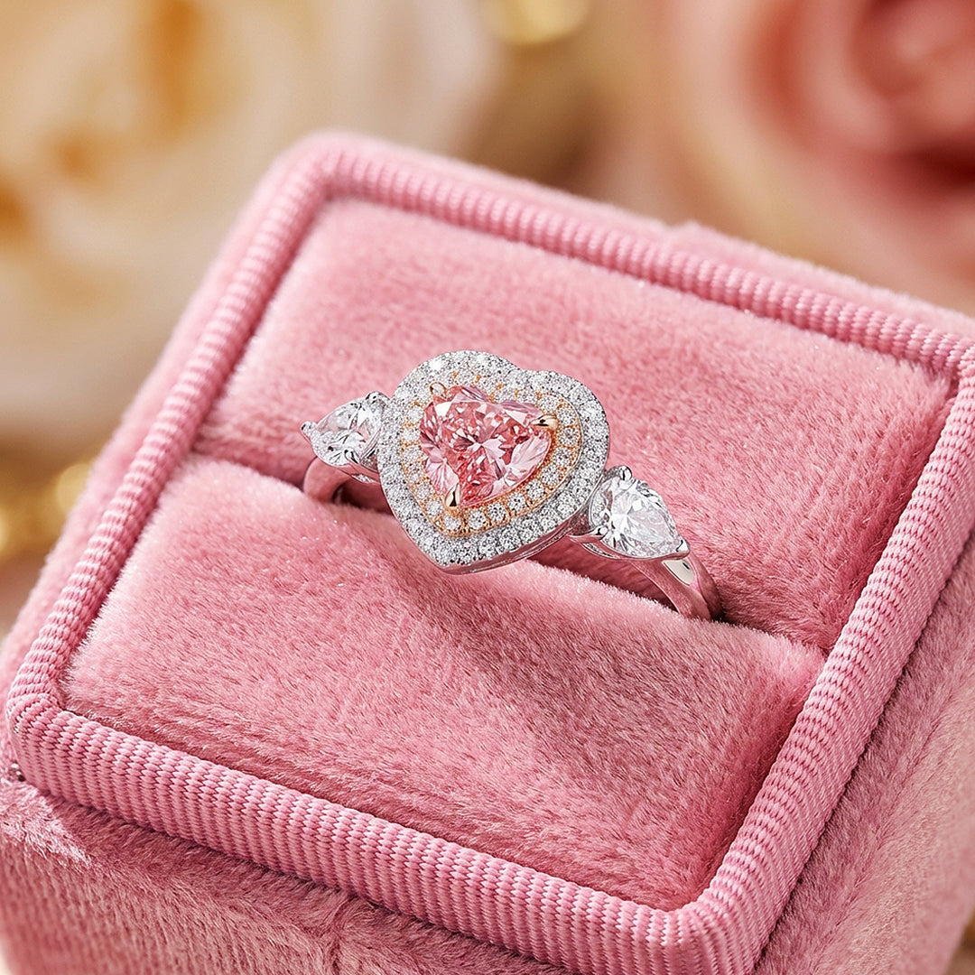 Pink Heart Moissanite Double Halo Ring | 925 Sterling Silver | PRM7116