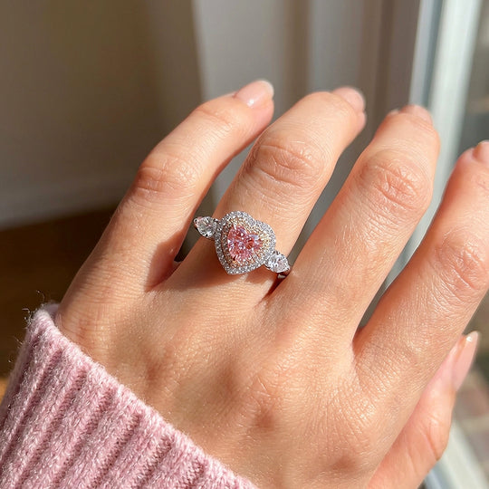 Pink Heart Moissanite Double Halo Ring | 925 Sterling Silver | PRM7116