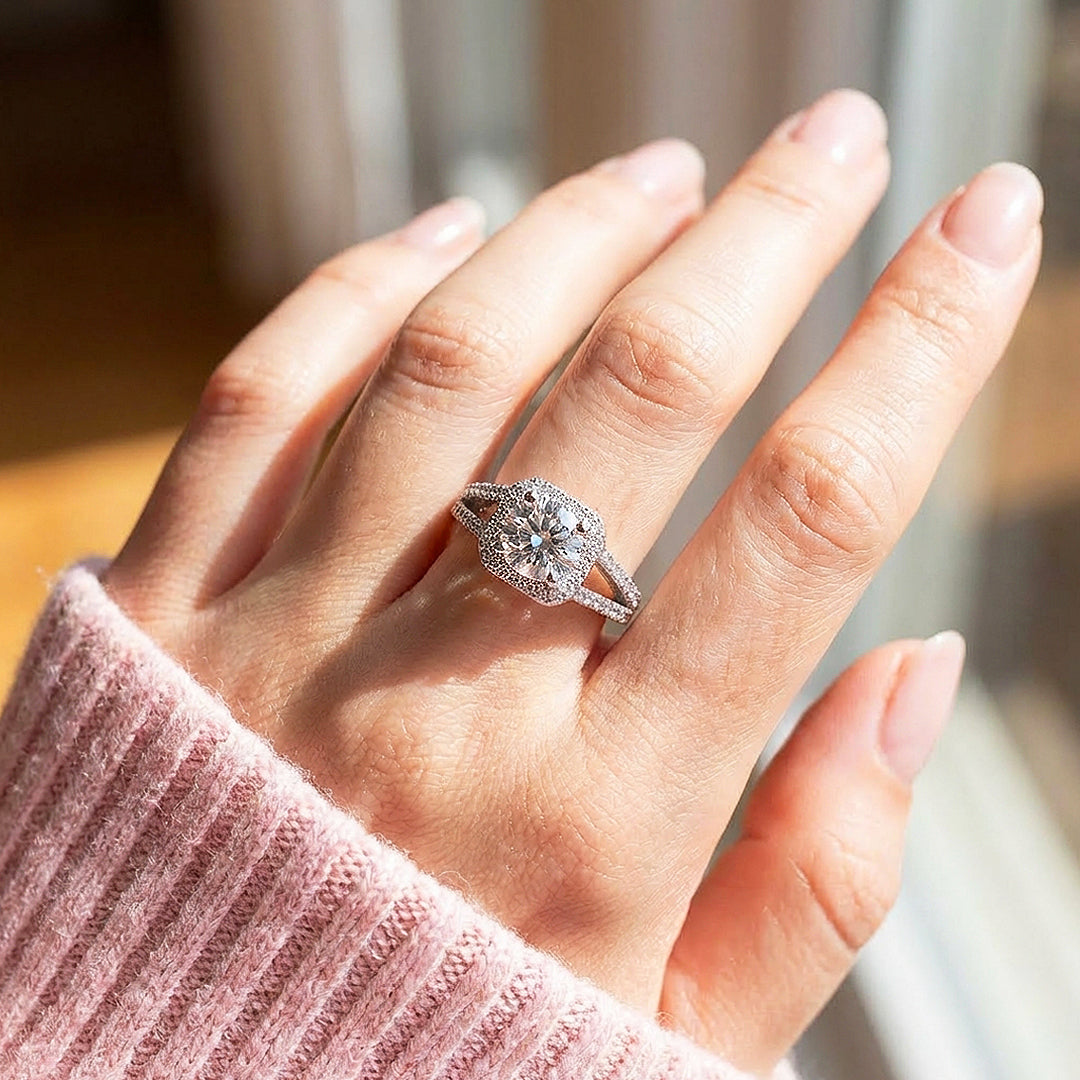 Brilliant Cushion Halo Moissanite Ring | 925 Sterling Silver | PRM7124