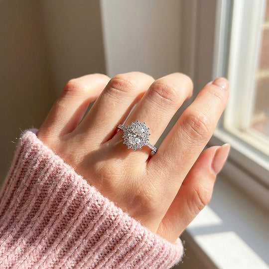 Oval Cut Halo Moissanite Ring | 925 Sterling Silver | PRM7134