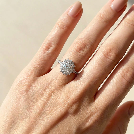 Oval Cut Halo Moissanite Ring | 925 Sterling Silver | PRM7134