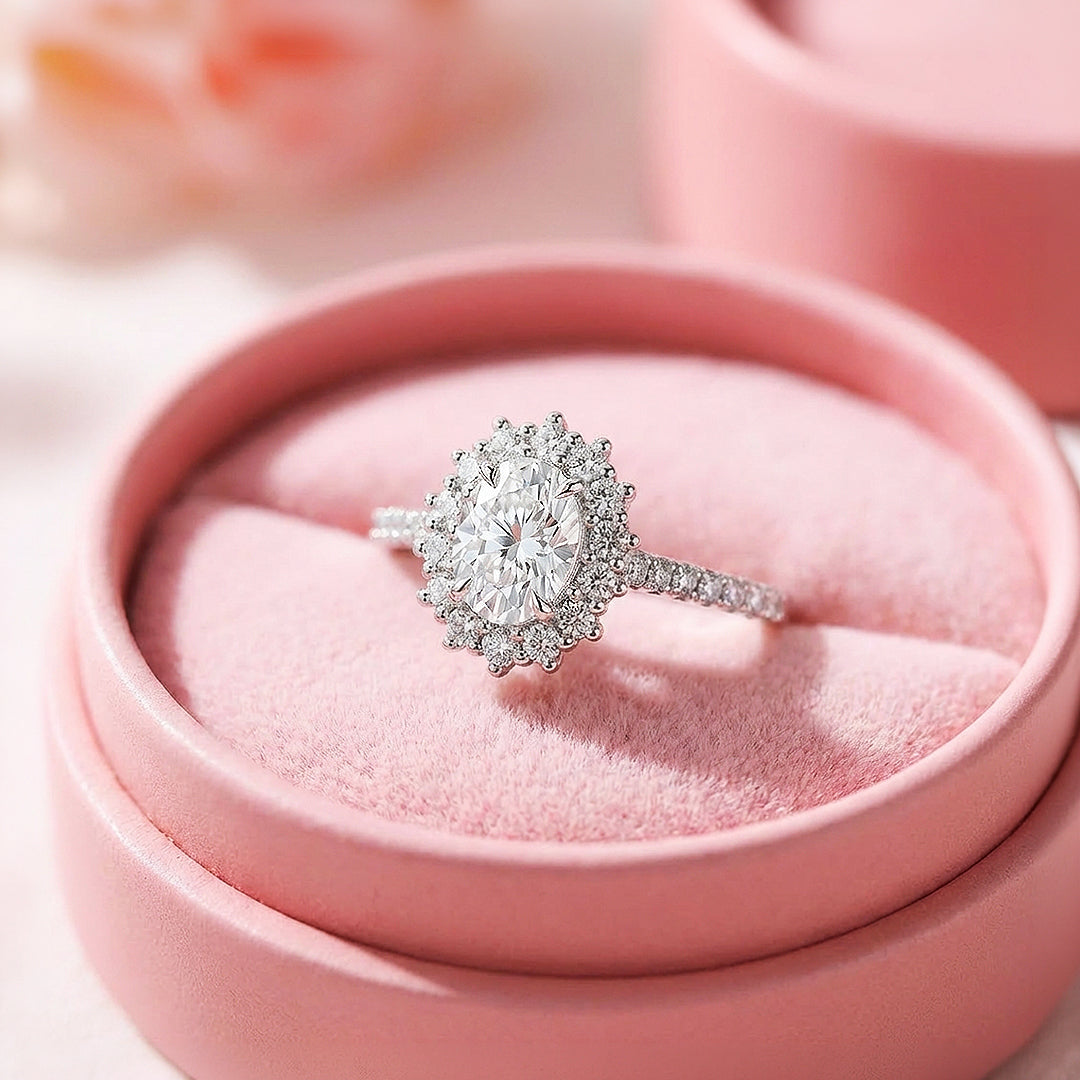 Oval Cut Halo Moissanite Ring | 925 Sterling Silver | PRM7134