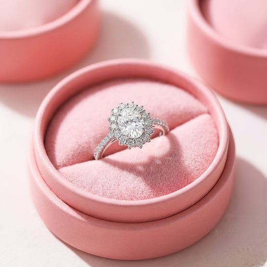 Oval Cut Halo Moissanite Ring | 925 Sterling Silver | PRM7134