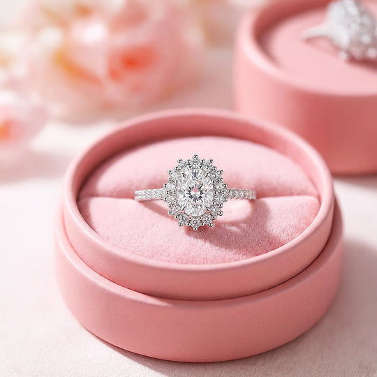 Oval Cut Halo Moissanite Ring | 925 Sterling Silver | PRM7134