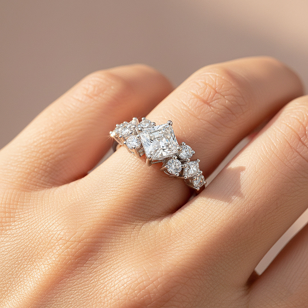 Princess Cut Moissanite Cluster Solitaire Ring | 1.00ct | 925 Sterling Silver | Prm7158 - Ring | Singapore Jewellery, Wedding Rings & Gifts | Same Day Delivery | Tiara.com.sg