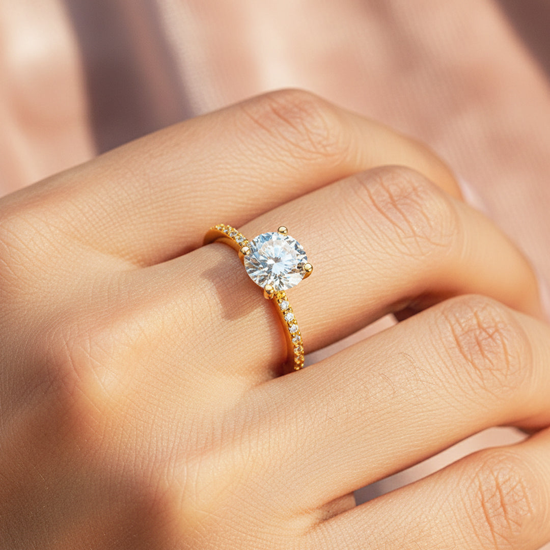 Round Pavé Solitaire Ring | Moissanite | 18K Gold Plated 925 Sterling Silver | Prm7159 - Ring | Singapore Jewellery, Wedding Rings & Gifts | Same Day Delivery | Tiara.com.sg
