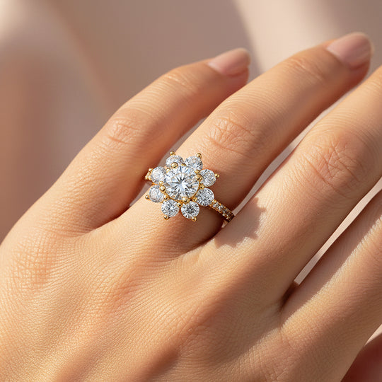 Sunflower Round Halo Ring | 1.00ct | Moissanite | 18K Gold Plated 925 Sterling Silver | Prm7160 - Ring | Singapore Jewellery, Wedding Rings &amp; Gifts | Same Day Delivery | Tiara.com.sg