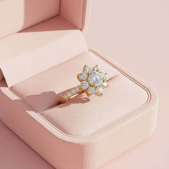 Sunflower Round Halo Ring | 1.00ct | Moissanite | 18K Gold Plated 925 Sterling Silver | Prm7160 - Ring | Singapore Jewellery, Wedding Rings &amp; Gifts | Same Day Delivery | Tiara.com.sg