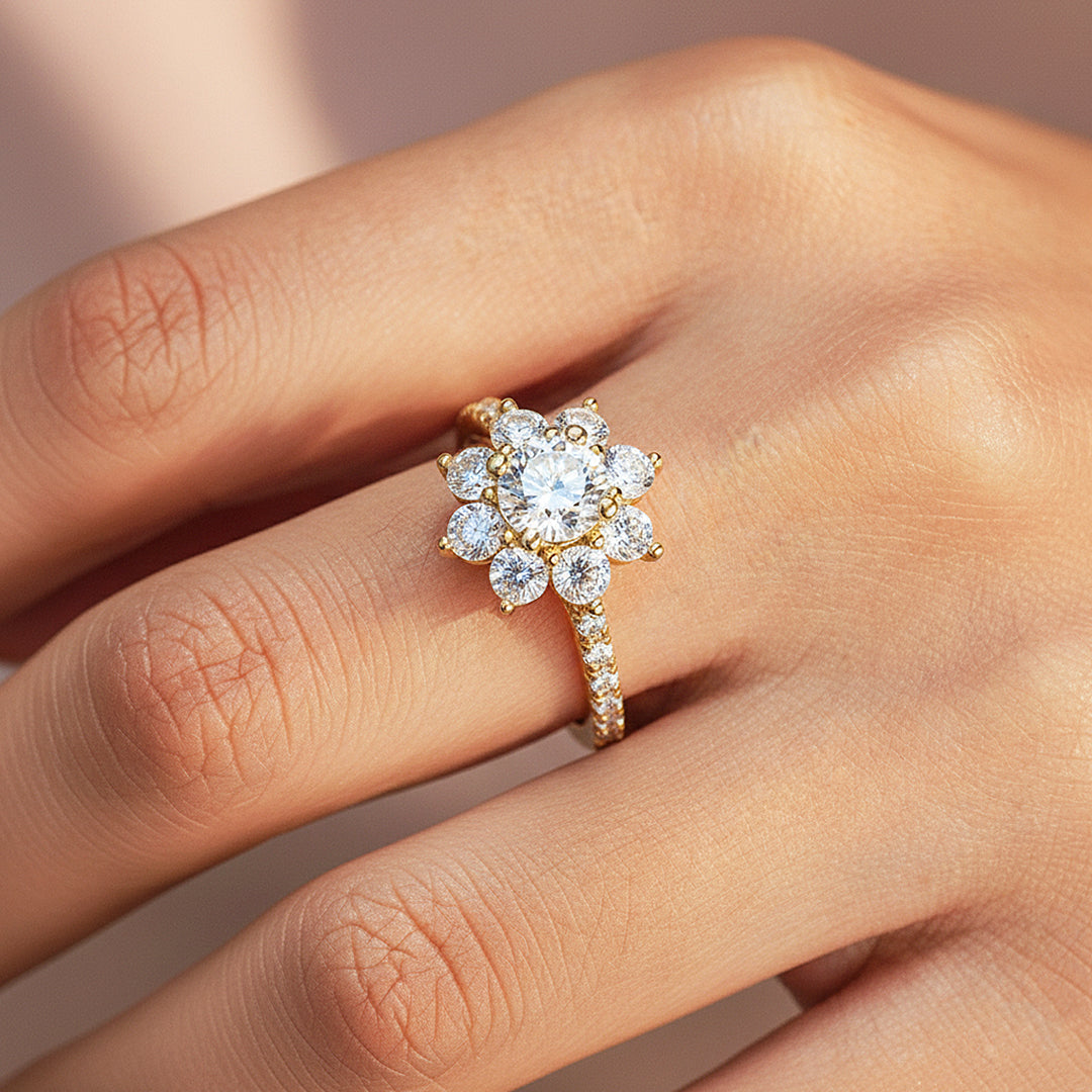 Sunflower Round Halo Ring | 1.00ct | Moissanite | 18K Gold Plated 925 Sterling Silver | Prm7160 - Ring | Singapore Jewellery, Wedding Rings &amp; Gifts | Same Day Delivery | Tiara.com.sg