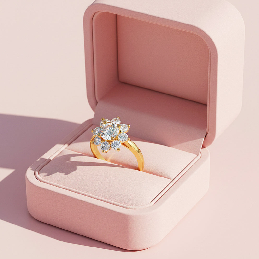 Sunflower Round Halo Ring | 1.00ct | Moissanite | 18K Gold Plated 925 Sterling Silver | Prm7160 - Ring | Singapore Jewellery, Wedding Rings &amp; Gifts | Same Day Delivery | Tiara.com.sg