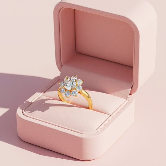 Sunflower Round Halo Ring | 1.00ct | Moissanite | 18K Gold Plated 925 Sterling Silver | Prm7160 - Ring | Singapore Jewellery, Wedding Rings &amp; Gifts | Same Day Delivery | Tiara.com.sg
