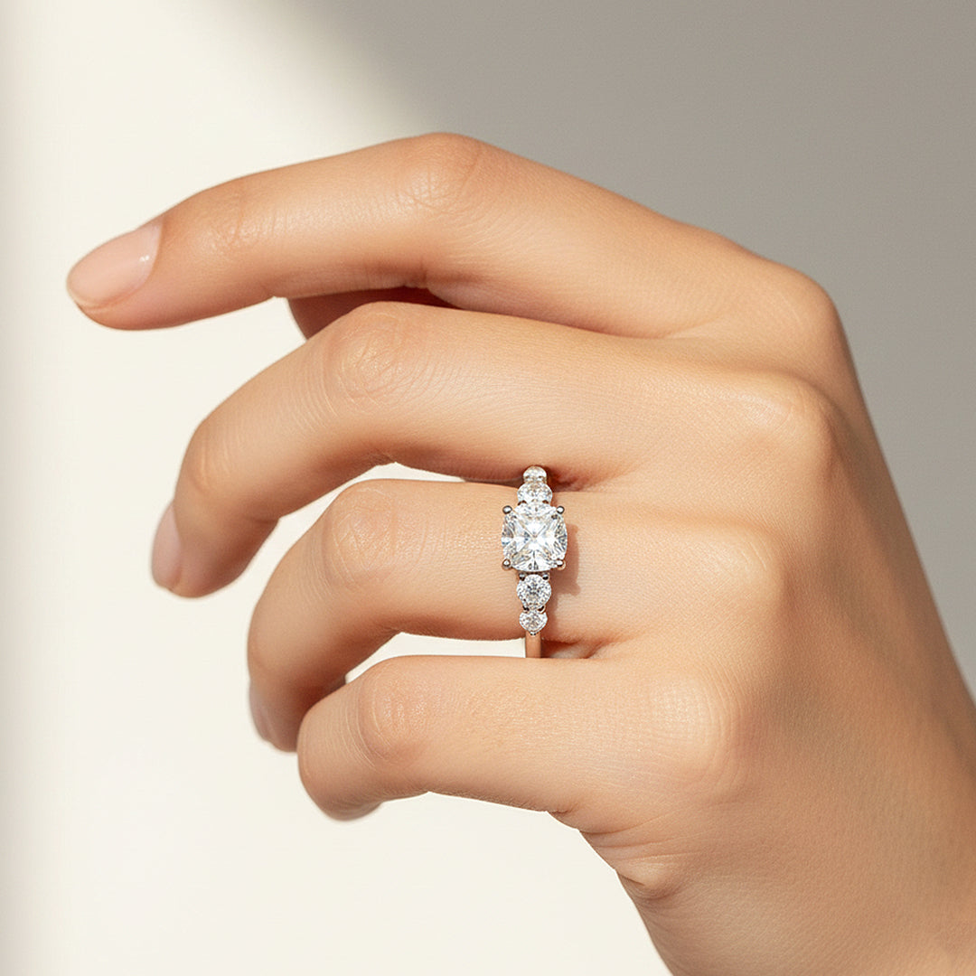 Cushion Cut Triple Stone Ring | 2.00ct | Moissanite | 925 Sterling Silver | Prm7169 - Ring | Singapore Jewellery, Wedding Rings &amp; Gifts | Same Day Delivery | Tiara.com.sg