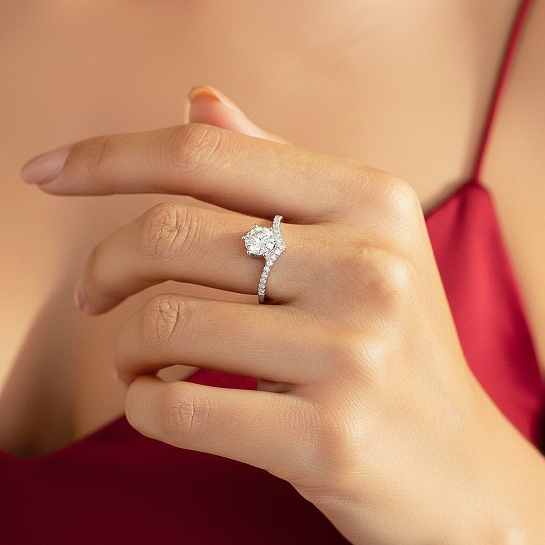 Chevron Halo Round Solitaire Ring | 1.00ct | Moissanite | 925 Sterling Silver | Prm7170 - Ring | Singapore Jewellery, Wedding Rings &amp; Gifts | Same Day Delivery | Tiara.com.sg