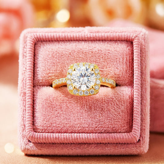Cushion Halo Moissanite Gold Ring | 925 Sterling Silver | PRM7173