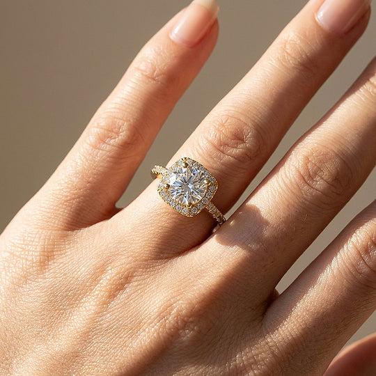 Cushion Halo Moissanite Gold Ring | 925 Sterling Silver | PRM7173