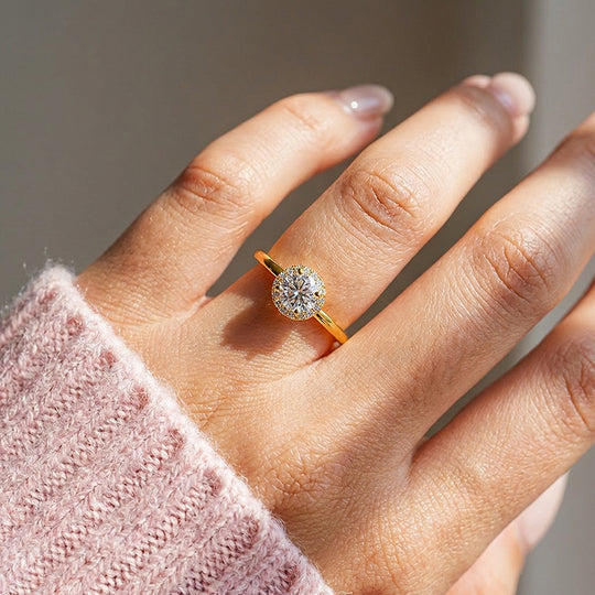 Round Halo Moissanite Solitaire Gold Ring | 925 Sterling Silver | PRM7180
