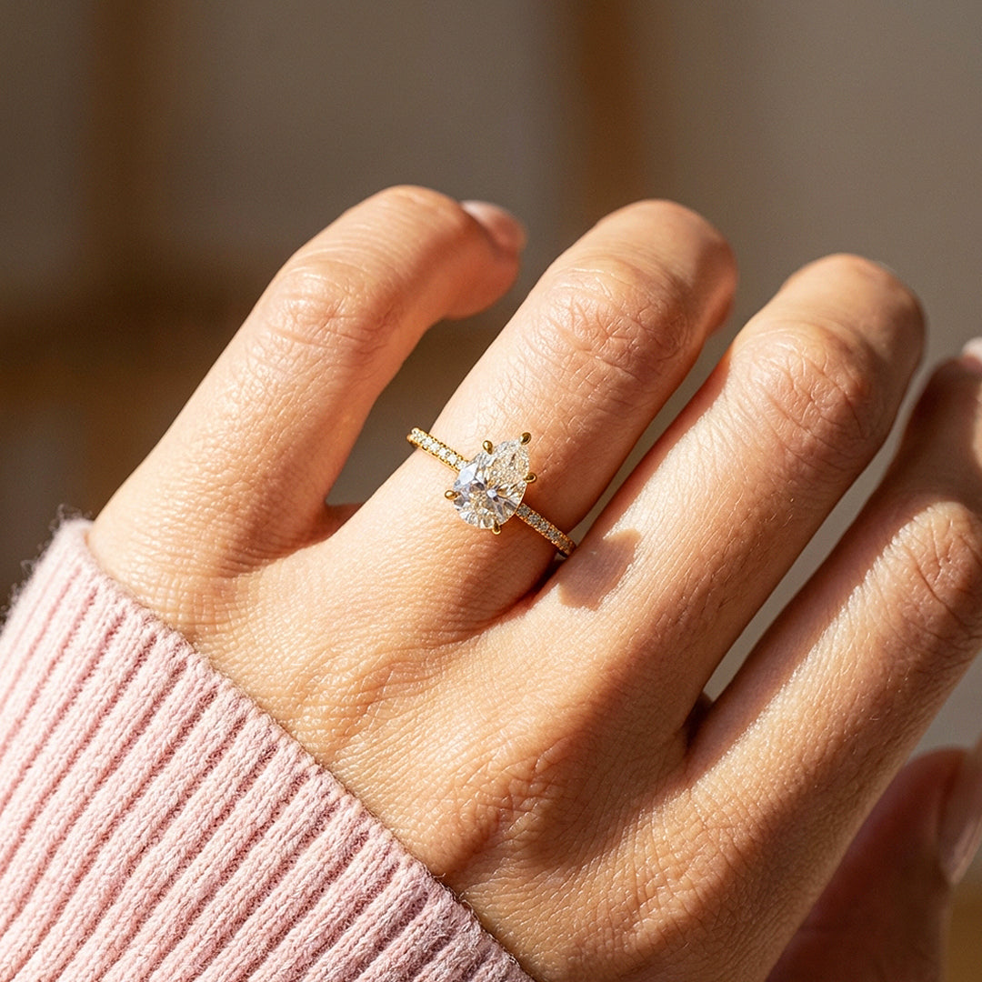 Pear Cut Moissanite Pavé Gold Ring | 925 Sterling Silver | PRM7184