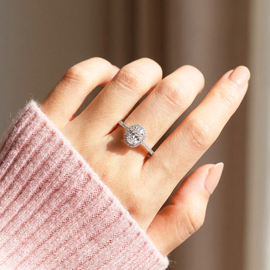 Oval Halo Moissanite Engagement Ring | 925 Sterling Silver | PRM7194