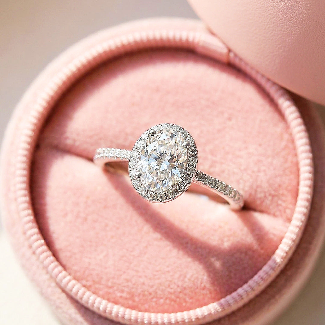 Oval Halo Moissanite Engagement Ring | 925 Sterling Silver | PRM7194