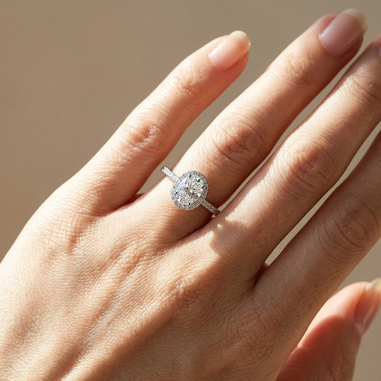 Oval Halo Moissanite Engagement Ring | 925 Sterling Silver | PRM7194