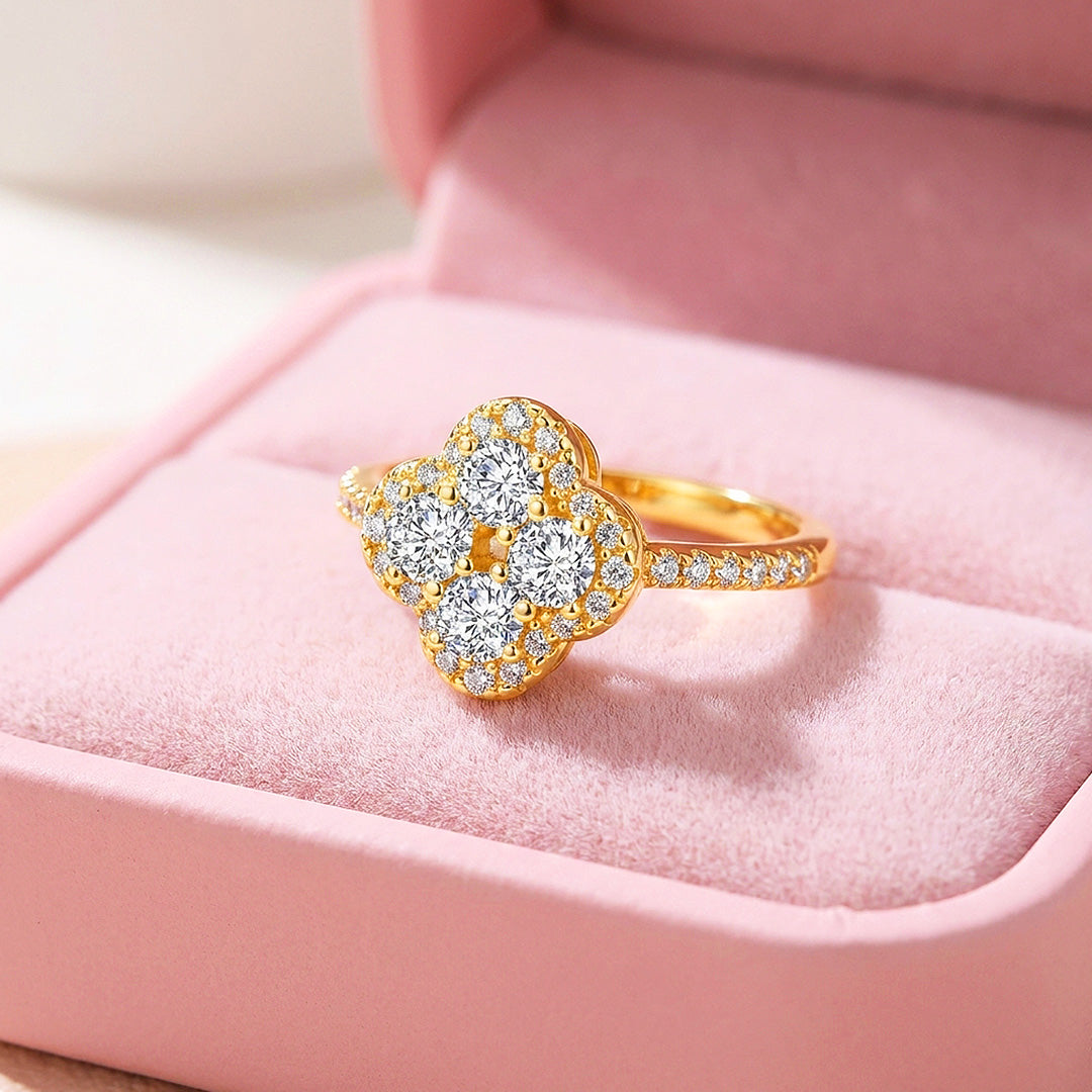 Four Leaf Clover Moissanite Gold Ring | 925 Sterling Silver | PRM7195