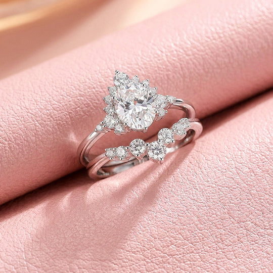 Pear-Halo Moissanite Engagement Ring Set of 2 | 925 Silver | PRM7200