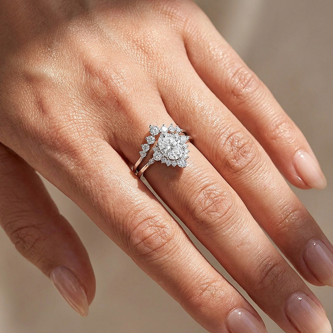 Pear-Halo Moissanite Engagement Ring Set of 2 | 925 Silver | PRM7200