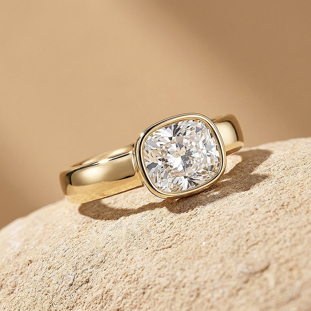 2 Carat Cushion Moissanite East-West Bezel Solitaire Ring | 925 Sterling Silver | PRM7229