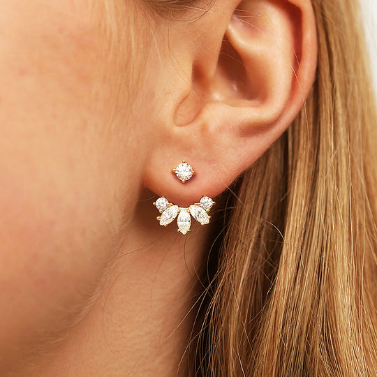 Marquise &amp; Round Ear Jacket Earrings | Diamond Simulant | 14K Gold Plated 925 Sterling Silver | Prm8118 - Earrings | Singapore Jewellery, Wedding Rings &amp; Gifts | Same Day Delivery | Tiara.com.sg