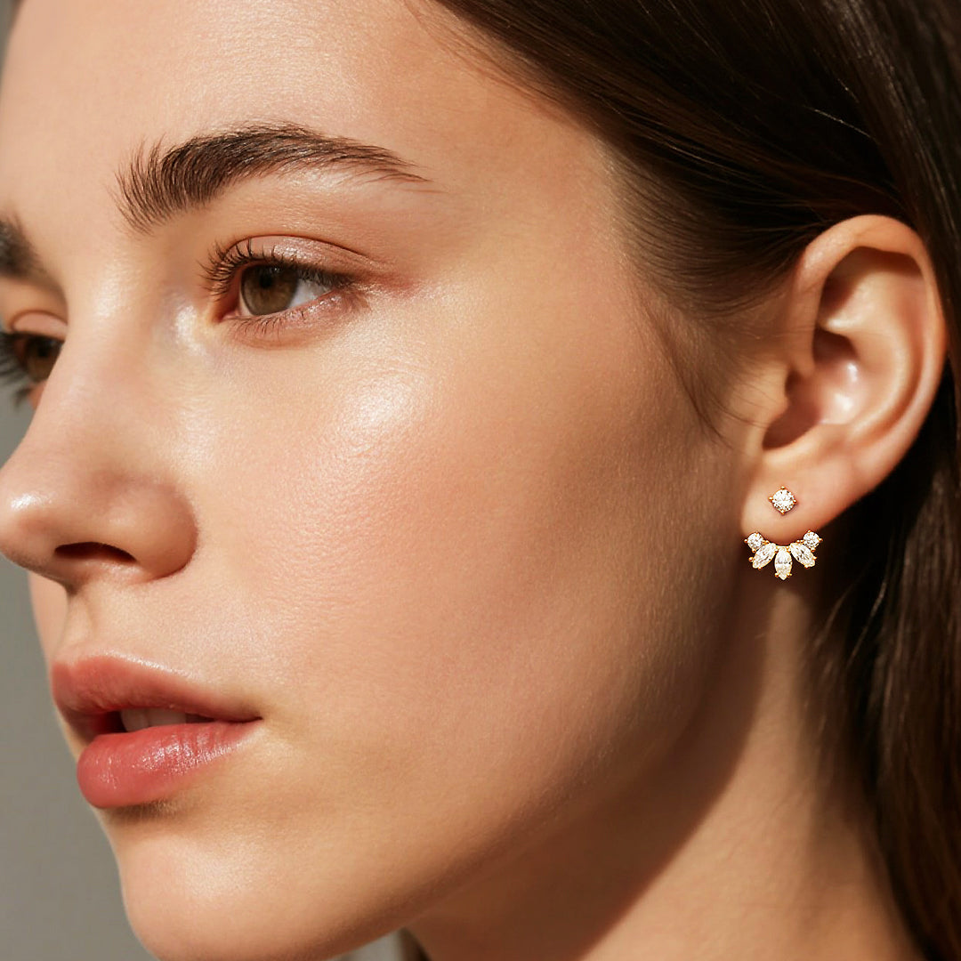 Marquise &amp; Round Ear Jacket Earrings | Diamond Simulant | 14K Gold Plated 925 Sterling Silver | Prm8118 - Earrings | Singapore Jewellery, Wedding Rings &amp; Gifts | Same Day Delivery | Tiara.com.sg