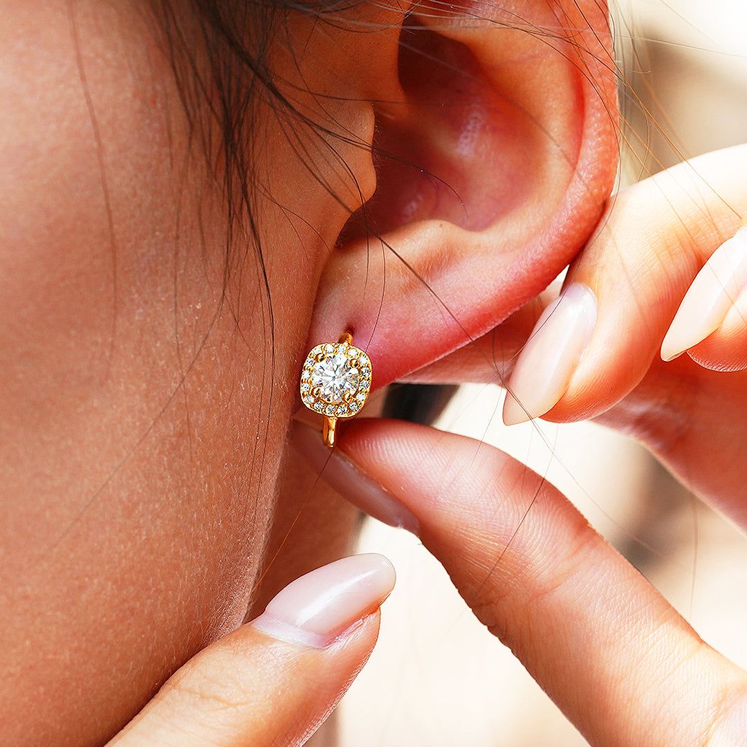 Cushion Halo Huggie Earrings | Moissanite | 14K Gold Plated 925 Sterling Silver | Prm8123 - Earrings | Singapore Jewellery, Wedding Rings &amp; Gifts | Same Day Delivery | Tiara.com.sg