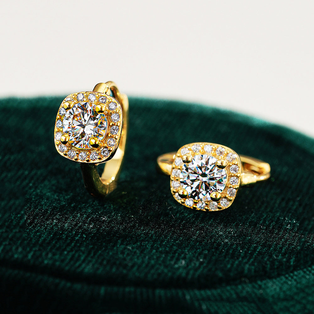 Cushion Halo Huggie Earrings | Moissanite | 14K Gold Plated 925 Sterling Silver | Prm8123 - Earrings | Singapore Jewellery, Wedding Rings & Gifts | Same Day Delivery | Tiara.com.sg