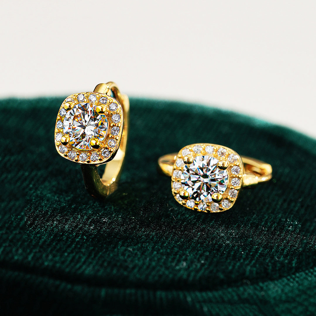 Cushion Halo Huggie Earrings | Moissanite | 14K Gold Plated 925 Sterling Silver | Prm8123 - Earrings | Singapore Jewellery, Wedding Rings &amp; Gifts | Same Day Delivery | Tiara.com.sg