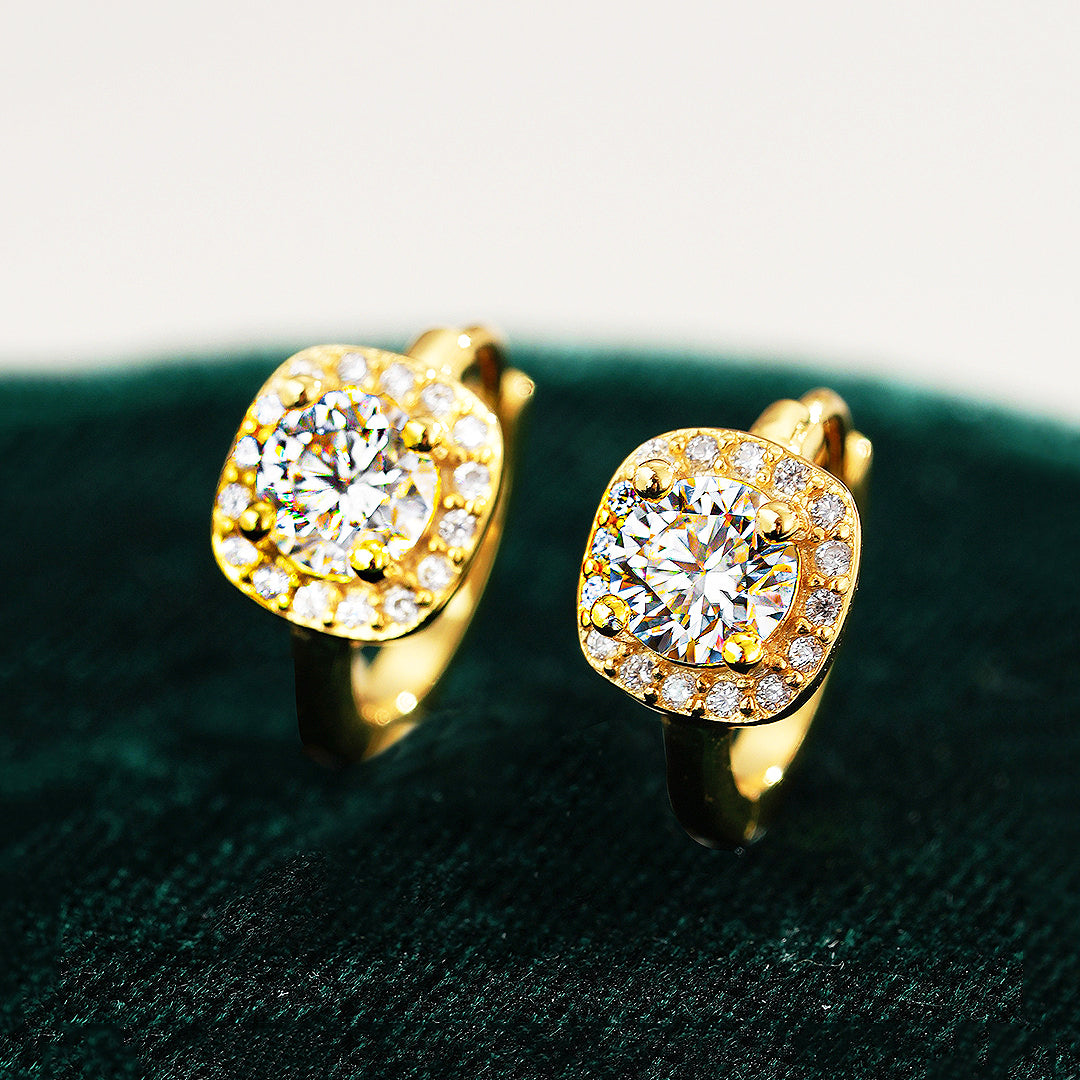 Cushion Halo Huggie Earrings | Moissanite | 14K Gold Plated 925 Sterling Silver | Prm8123 - Earrings | Singapore Jewellery, Wedding Rings &amp; Gifts | Same Day Delivery | Tiara.com.sg