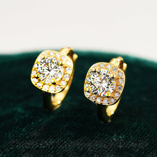Cushion Halo Huggie Earrings | Moissanite | 14K Gold Plated 925 Sterling Silver | Prm8123 - Earrings | Singapore Jewellery, Wedding Rings &amp; Gifts | Same Day Delivery | Tiara.com.sg